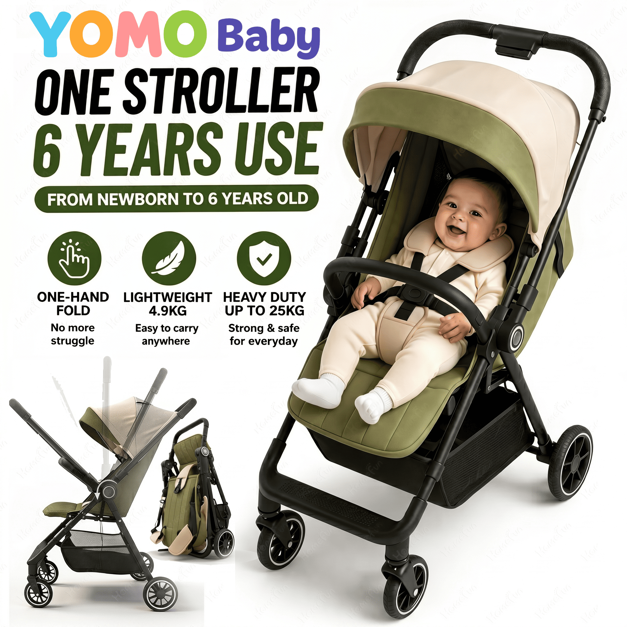 YOMO Baby Stroller Cabin Approved 1-Click Folding Stroller 2-Way Reversible Push Handle 0-6 Years Old Stroller for Kids
