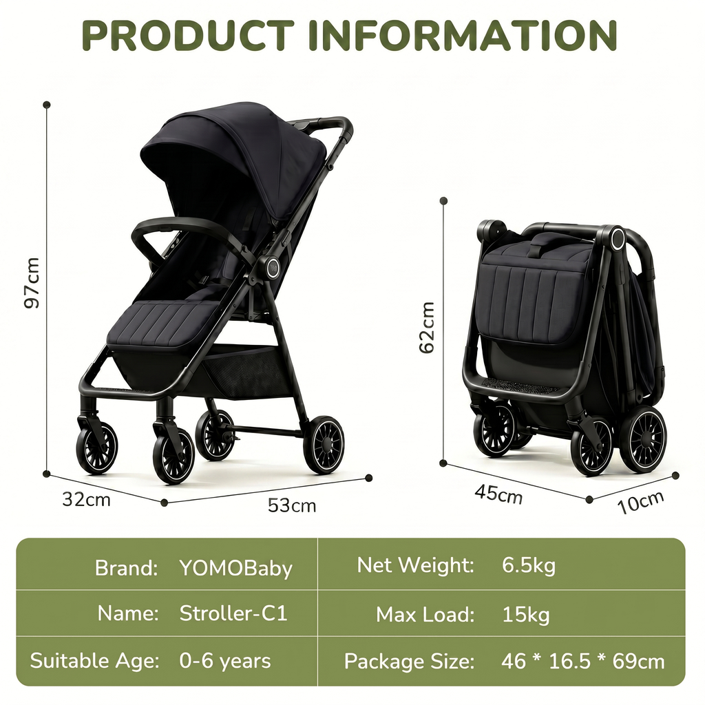 YOMO Baby Stroller Cabin Approved 1-Click Folding Stroller 2-Way Reversible Push Handle 0-6 Years Old Stroller for Kids