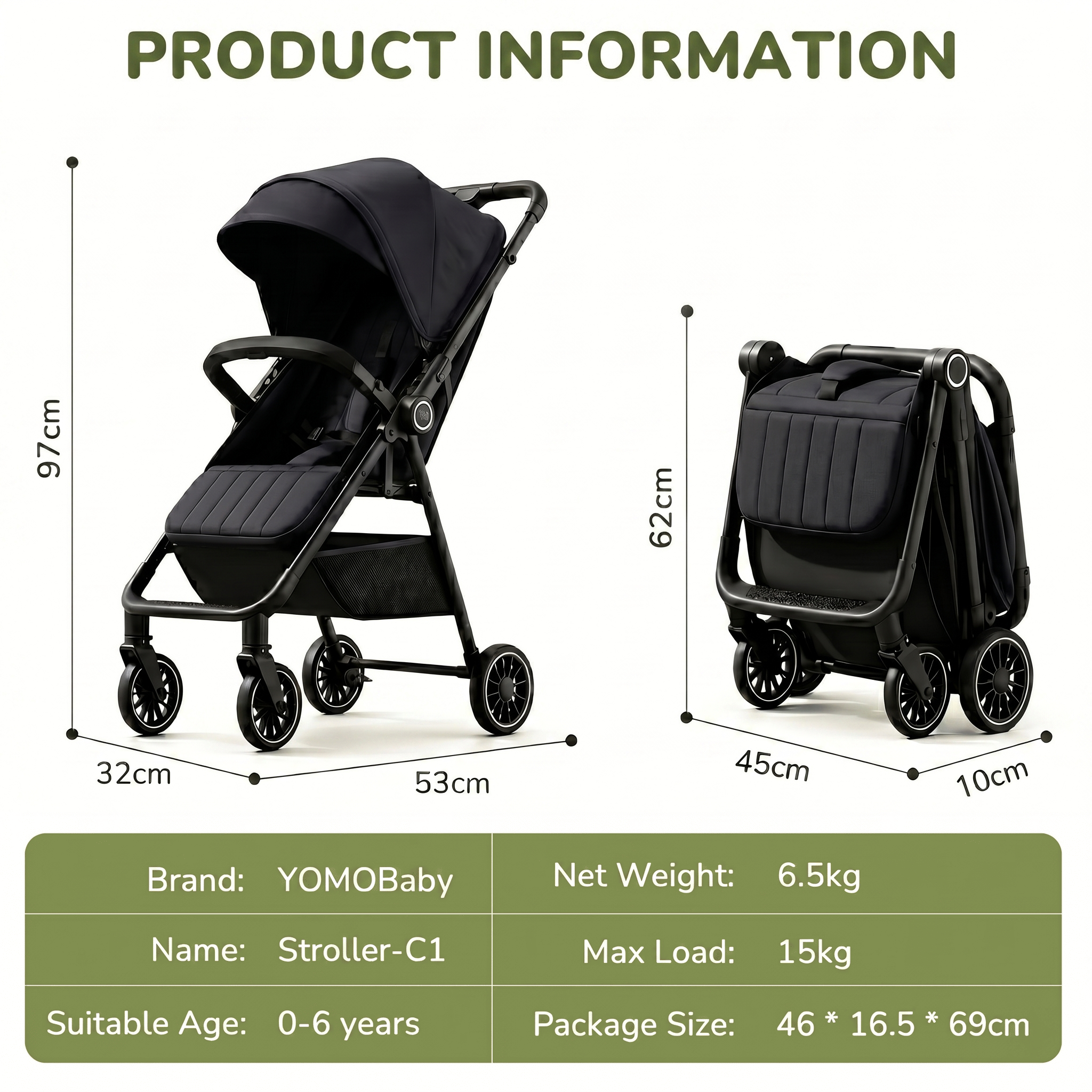 YOMO Baby Stroller Cabin Approved 1-Click Folding Stroller 2-Way Reversible Push Handle 0-6 Years Old Stroller for Kids